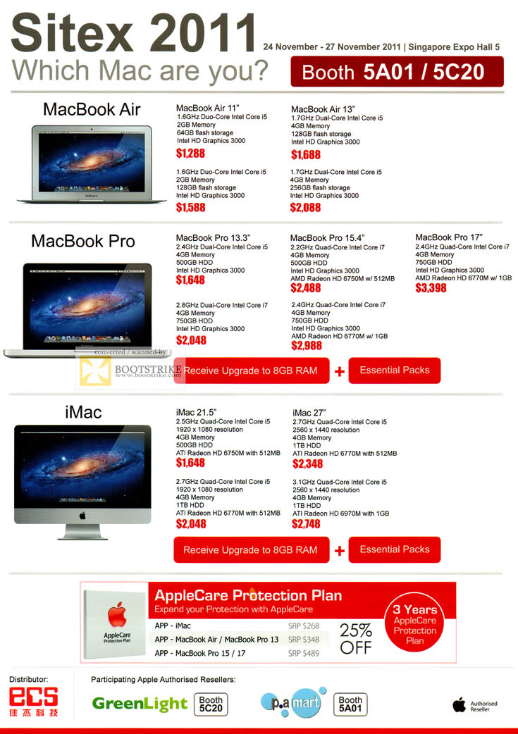 SITEX 2011 price list image brochure of ECS Apple Macbook Air Notebooks, Macbook Pro, IMac Desktop PC, AppleCare Protection Plan, PA Mart, Green Light