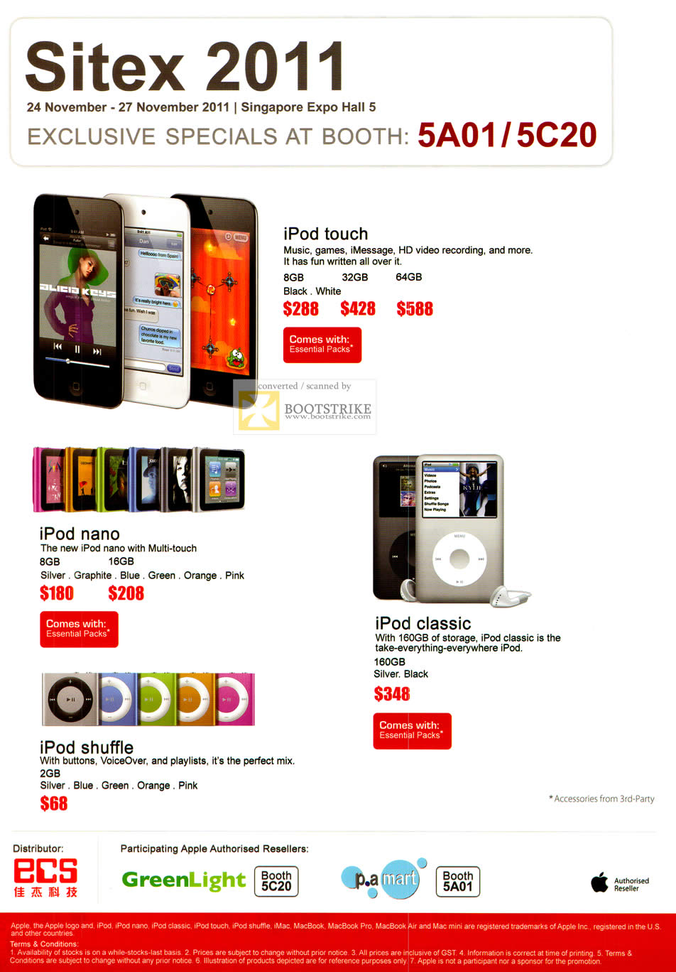 SITEX 2011 price list image brochure of ECS Apple IPod Touch, IPod Nano, IPod Shuffle, IPod Classic MP3 Player, GreenLight, PA Mart