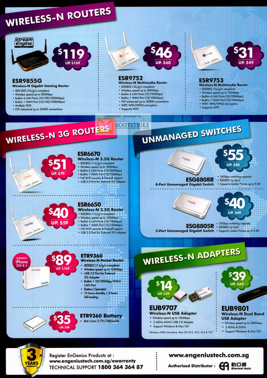 SITEX 2011 price list image brochure of Engenius Networking Router ESR9855G, ESR9752, ESR9753, 3G Routers ESR6670 ESR6650 ETR9360, USB Adapters, Switches