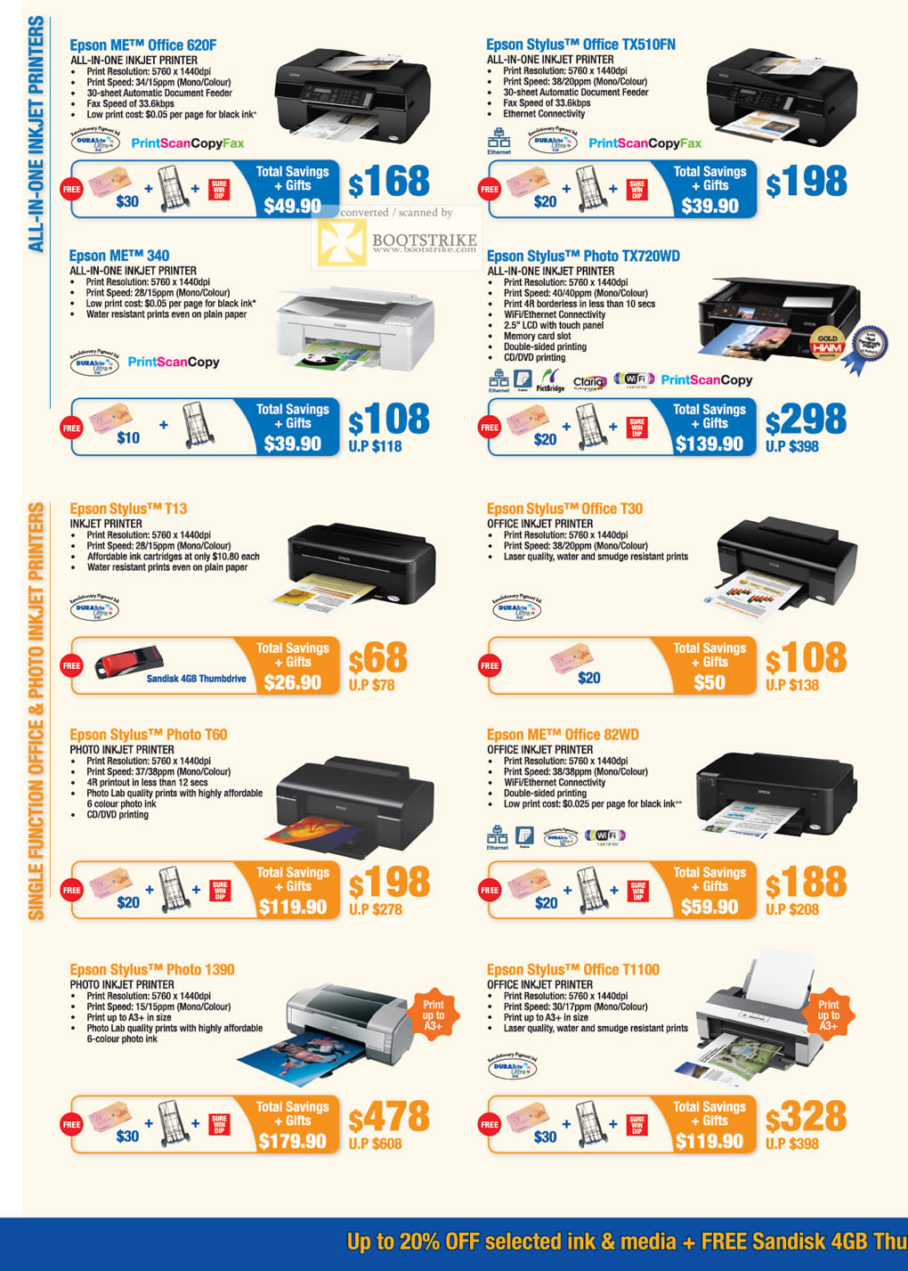 SITEX 2011 price list image brochure of Epson Printers Inkjet ME Office 620F, Stylus Office TX510FN, 340, Photo TX720WD, Stylus T13, Office T30, T60, 82WD, Photo 1390, Office T1100