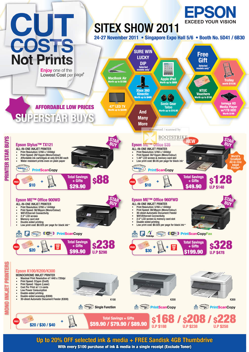 SITEX 2011 price list image brochure of Epson Printers Inkjet Stylus TX121, ME Office 535, 900WD, 960FWD, K100, K200, K300
