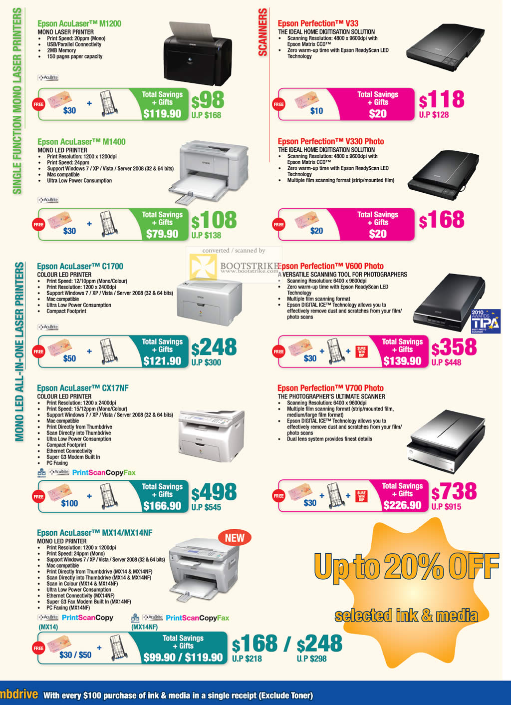 SITEX 2011 price list image brochure of Epson Printers Laser AcuLaser M1200, M1400, C1700, MX14, CX17NF, MX14NF, Scanners Perfection V33, Perfection V330 Photo, V600