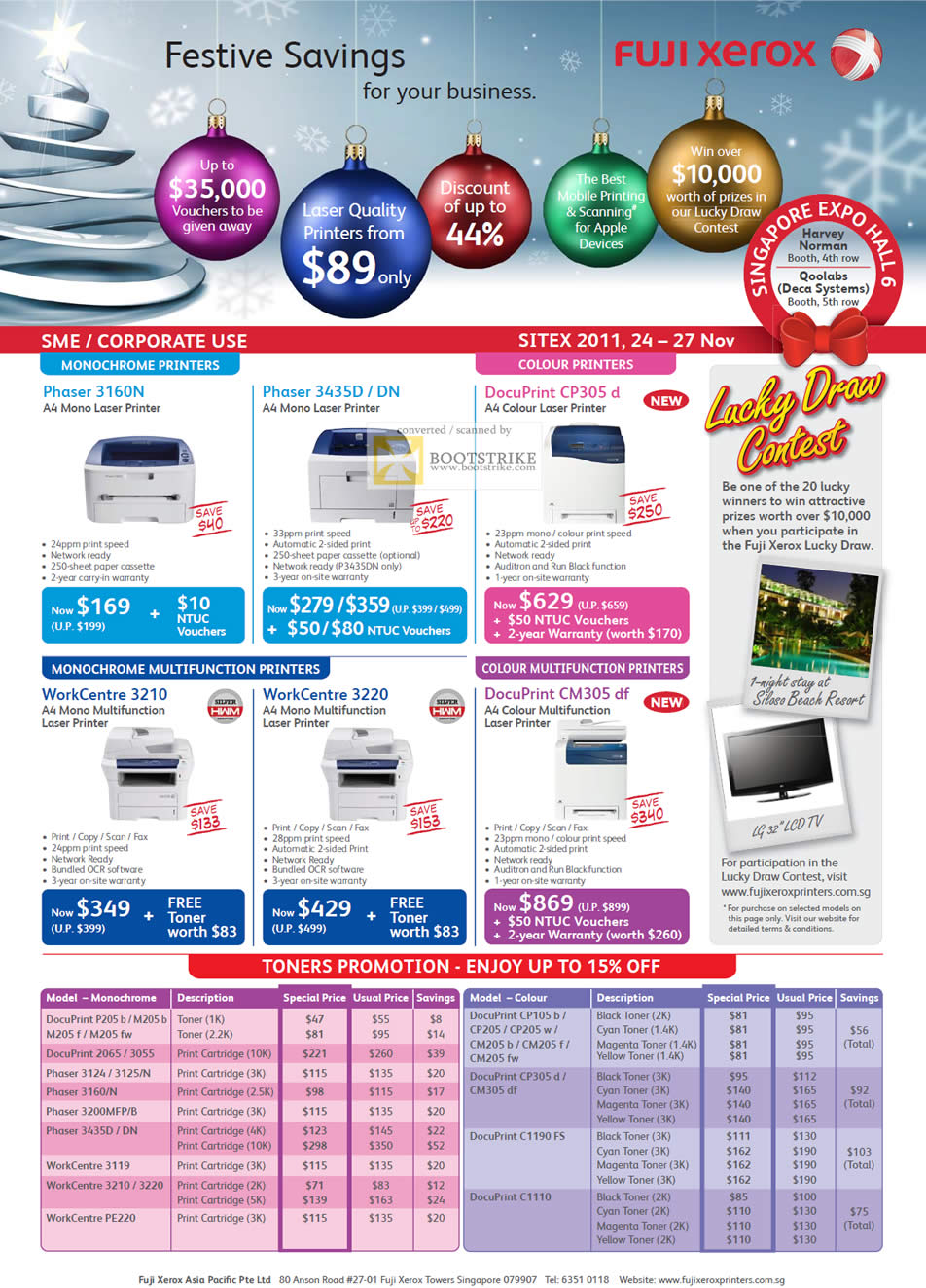 SITEX 2011 price list image brochure of Fuji Xerox Laser Printers Phase 3160N, 3435D DN, DocuPrint CP305 D, WorkCentre 3210, 3220, DocuPrint CM305 Df, Ink Toner Print Cartridge