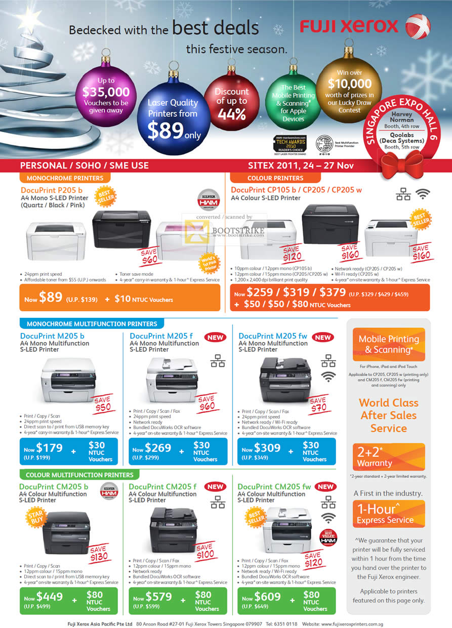 SITEX 2011 price list image brochure of Fuji Xerox Laser S-LED Printers DocuPrint P205 B, CP105 B, CP205, CP205 W, DocuPrint M205 B, M205 F, M205 Fw, CM205 B, CM205 F, CM205 Fw