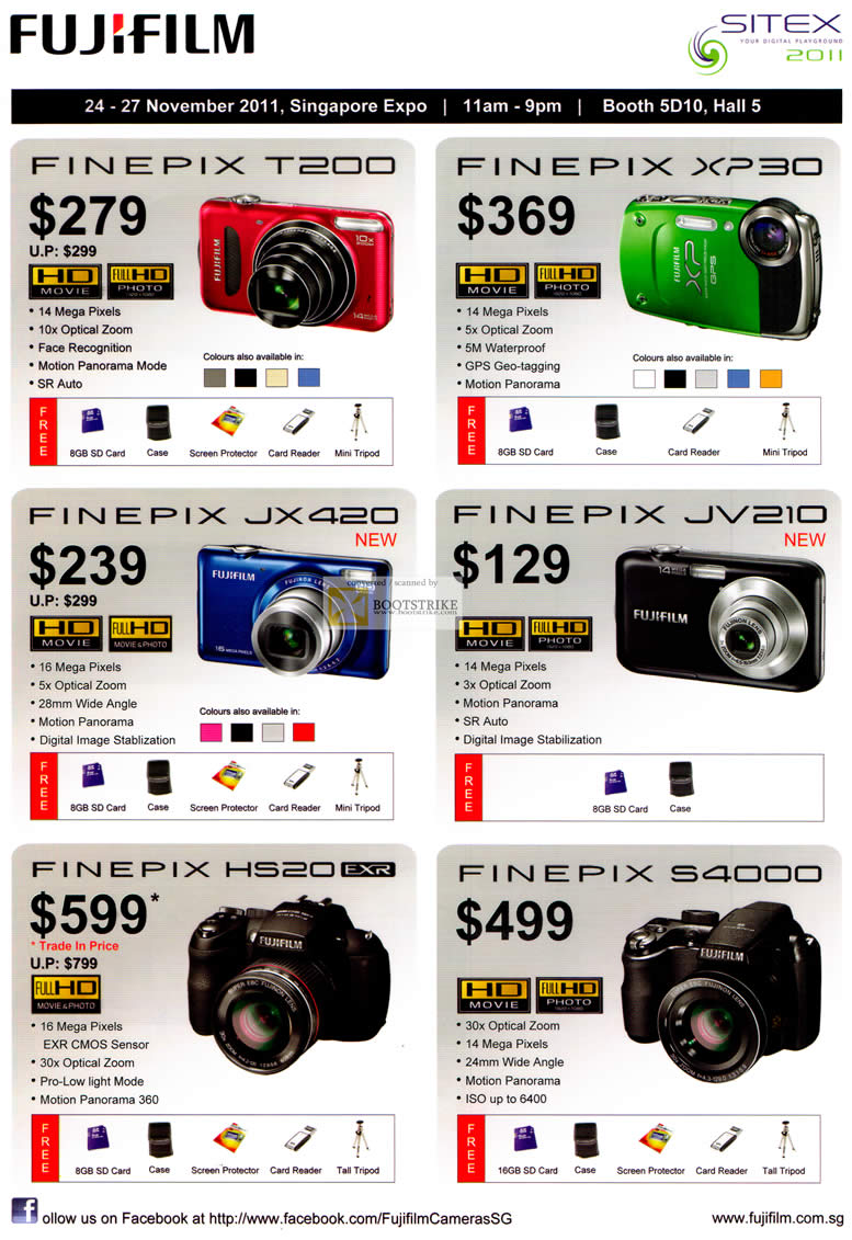 SITEX 2011 price list image brochure of Fujifilm Digital Cameras Finepix T200, XP30, JX420, JV210, HS20, S4000