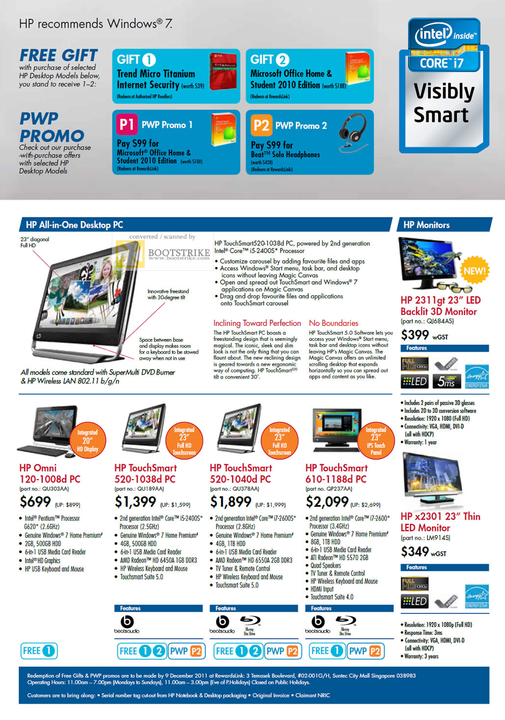 SITEX 2011 price list image brochure of HP AIO Desktop PC Omni 120-1008d, TouchSmart 520-1038d, TouchSmart 520-1040d, TouchSmart 610-1188d, 2311gt LED 3D Monitor, X2301