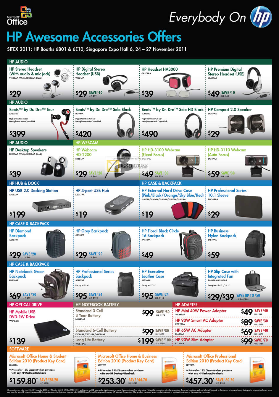 SITEX 2011 price list image brochure of HP Accessories Headset, Beats Tour A9E35PA, LR594PA, Speaker, Webcam HD-2200, HD-3100, HD-3110, USB Docking Station, Case, Backpack, External Optical Drive