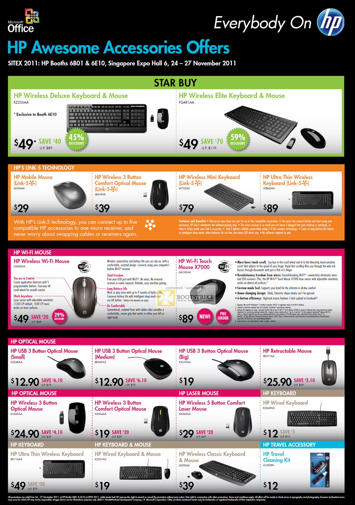 SITEX 2011 price list image brochure of HP Accessories Wireless Keyboard, Elite, Mouse, Link-5 Technology, Optical, Ultra Thin Keyboard, Wireless Wi-Fi Mouse, Wi-Fi Touch Mouse X7000, USB, Wired, Travel Accessory Cleaning Kit