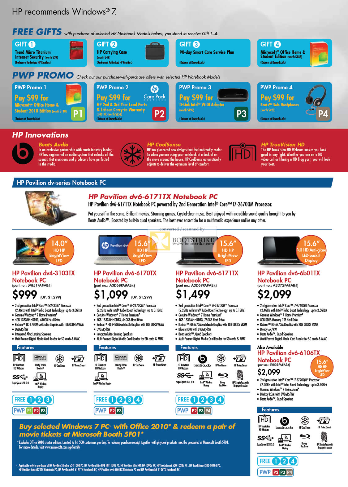 SITEX 2011 price list image brochure of HP Notebooks Pavilion DV4-3103TX, DV6-6170TX, DV6-6171TX, DV6-6B01TX, DV6-6106TX
