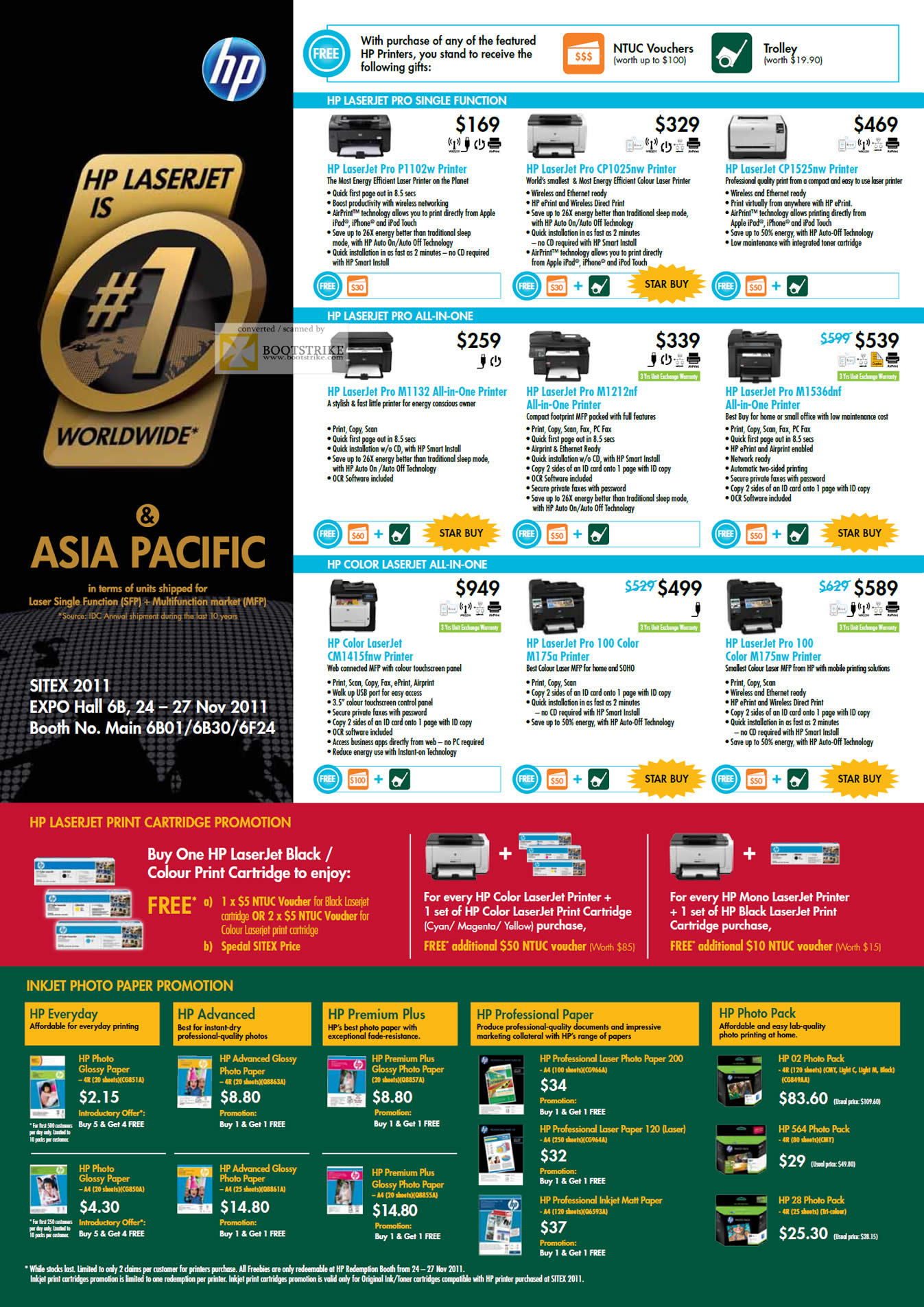 SITEX 2011 price list image brochure of HP Printers Laser Laserjet Pro P1102w, CP1025nw, CP1525nw, M1132, M1212nf, M1536dnf, CM1415fnw, Pro 100 M175a, M175nw, Inkjet Photo Paper