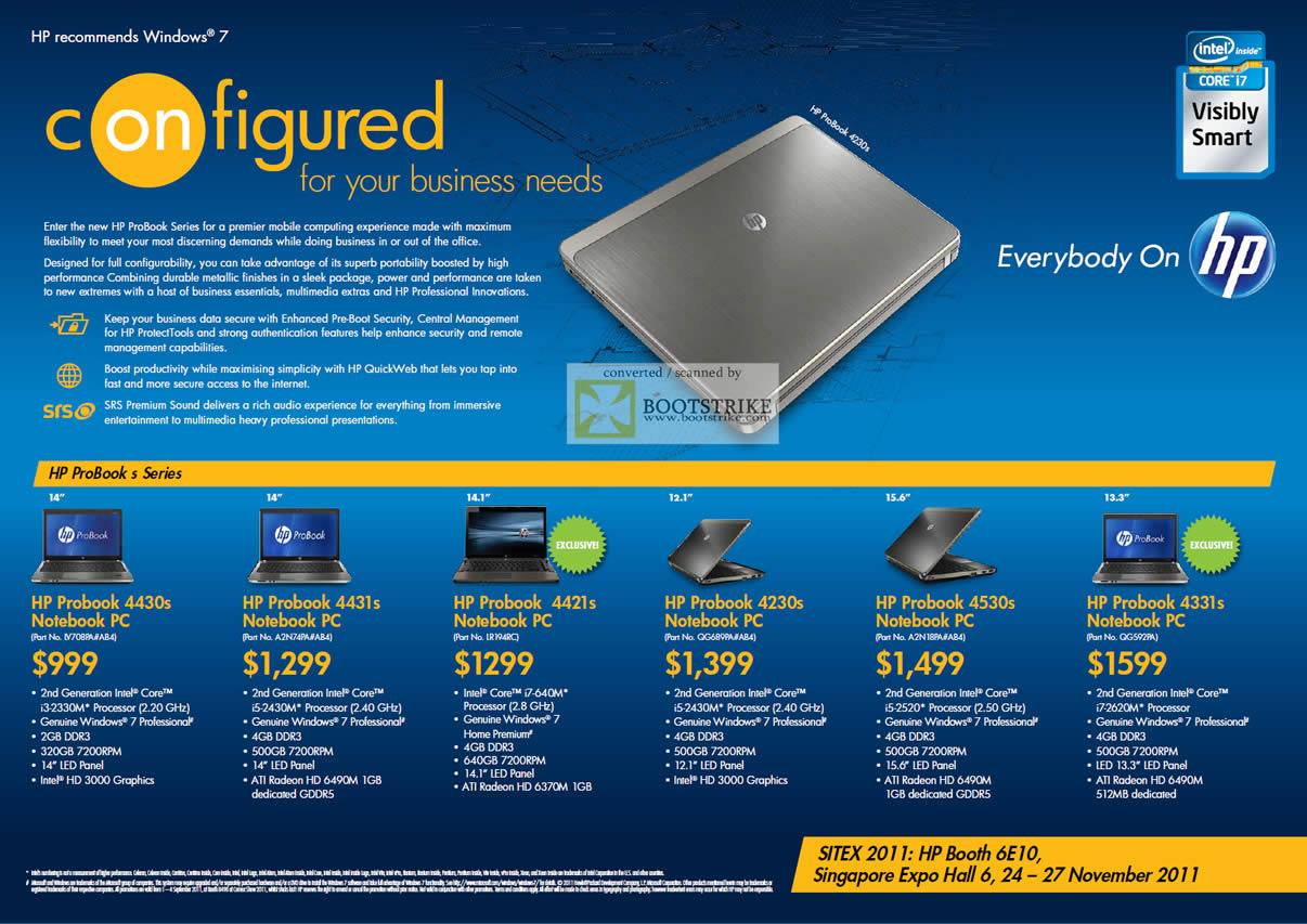 SITEX 2011 price list image brochure of HP Probook Notebooks 4430s, 4431s, 4421s, 4230s, 4530s, 4331s