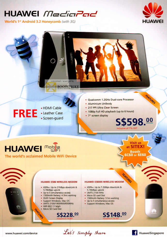 SITEX 2011 price list image brochure of Huawei MediaPad Tablet Android, Mobile Wifi E586, E5830S