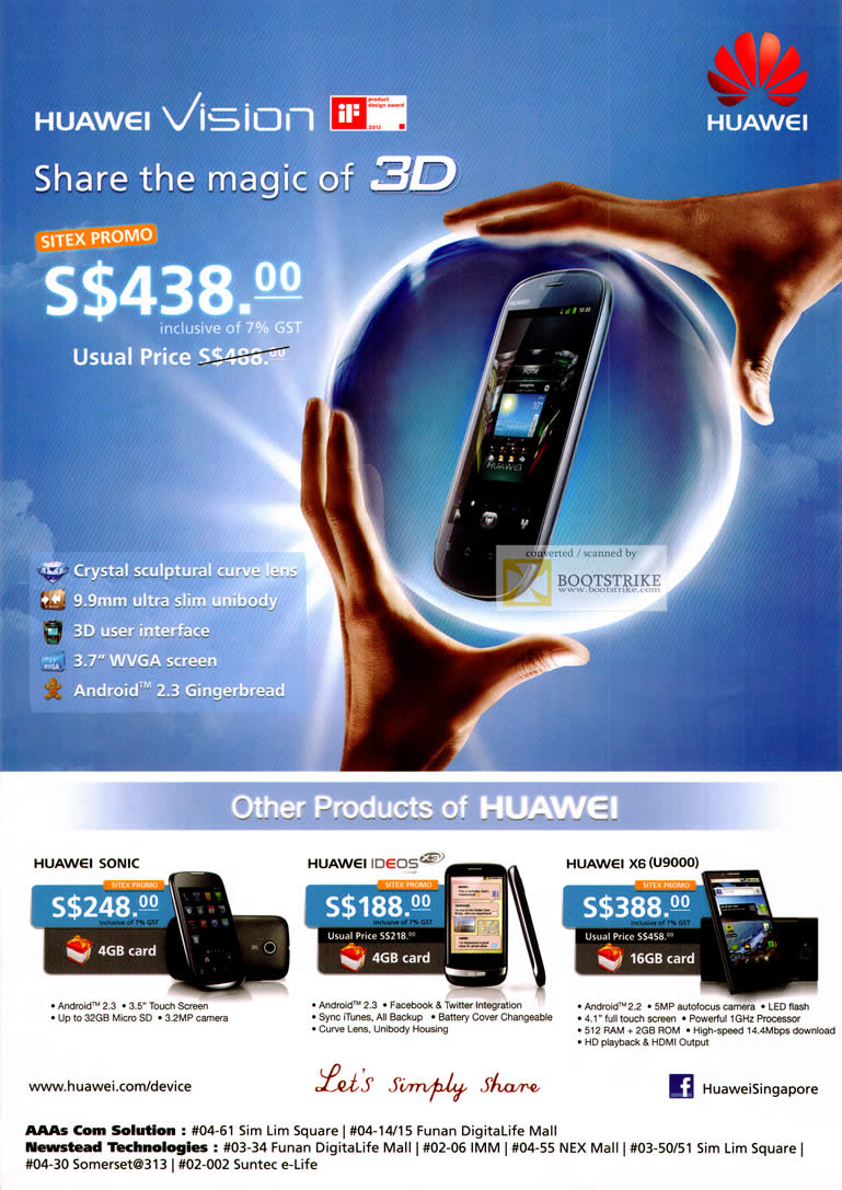 SITEX 2011 price list image brochure of Huawei Vision 3D Android, Sonic, Ideos, X6 U9000