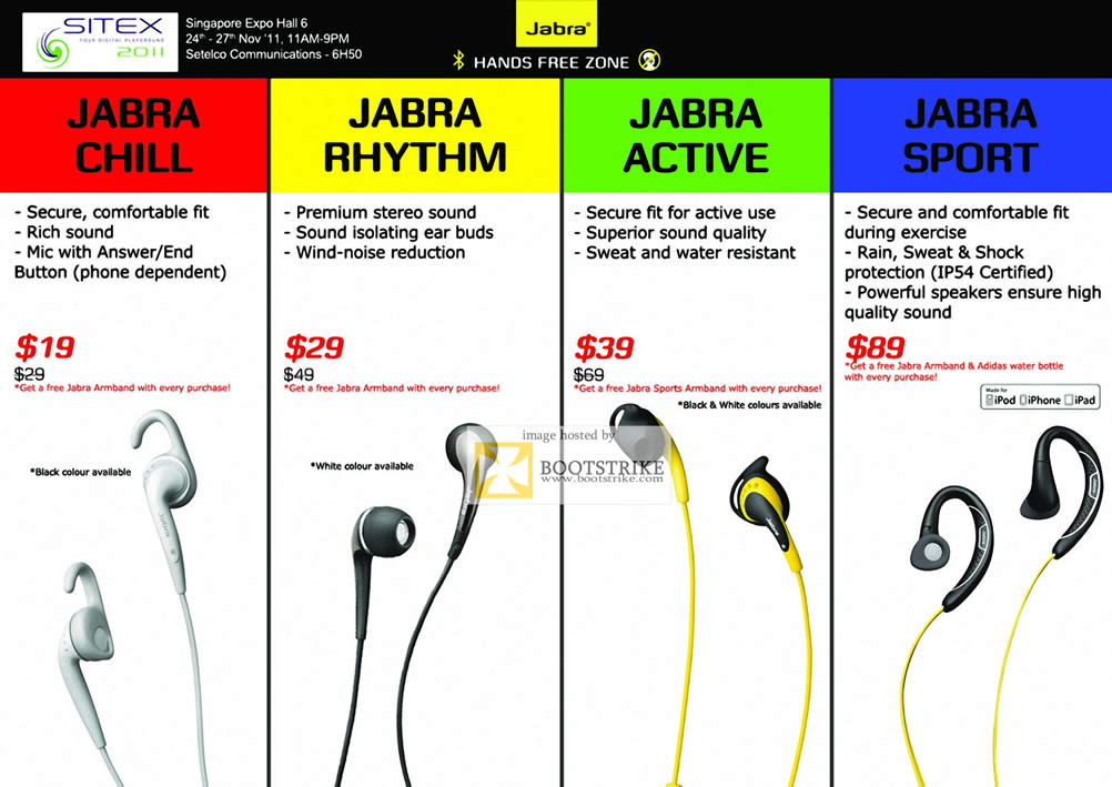 SITEX 2011 price list image brochure of Jabra Earphones Mic, Chill, Rhythm, Active Sport