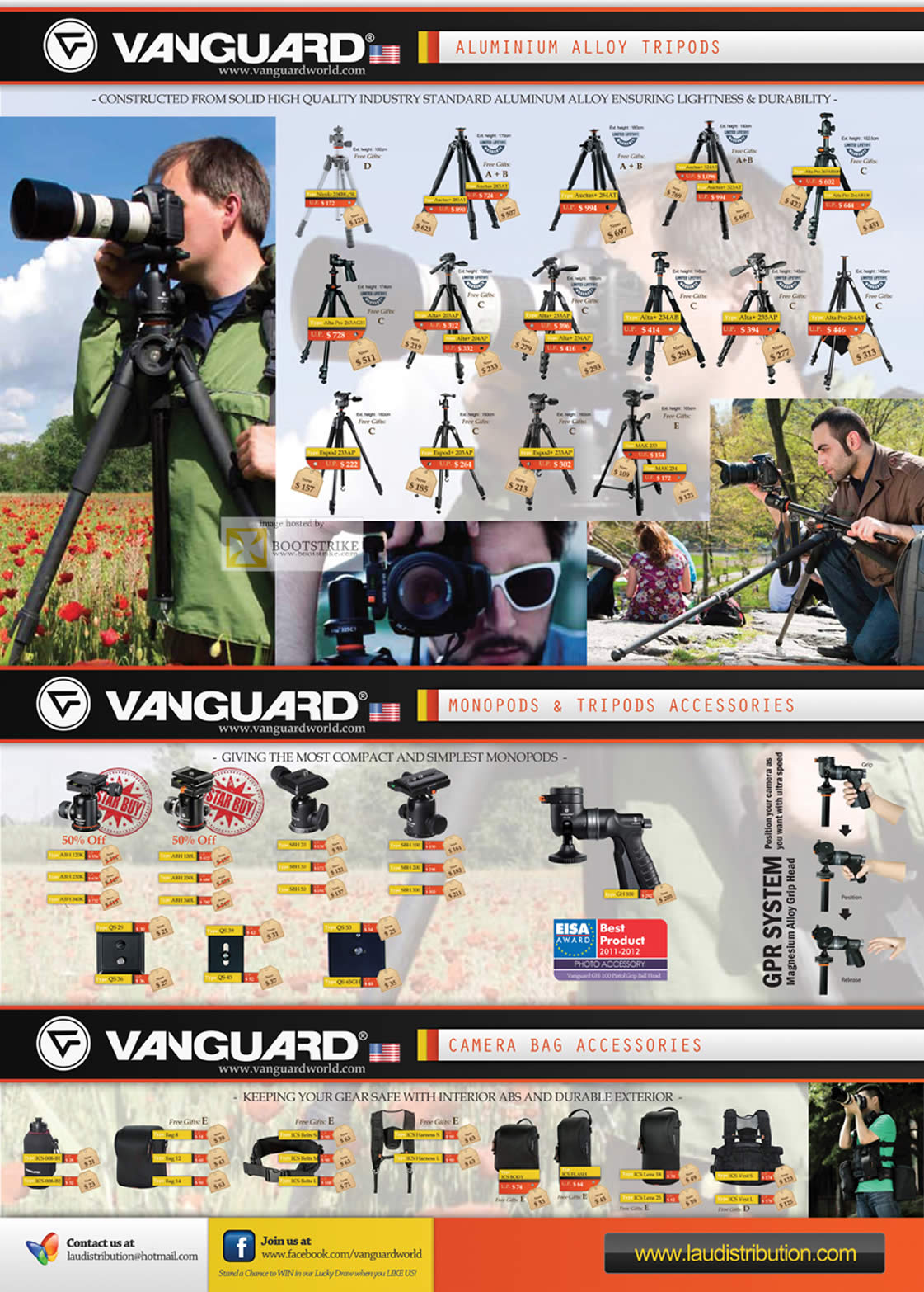 SITEX 2011 price list image brochure of Lau Intl Vanguard Aluminium Alloy Tripods, Monopods, Tripods Accessories, Camera Bag Accessories