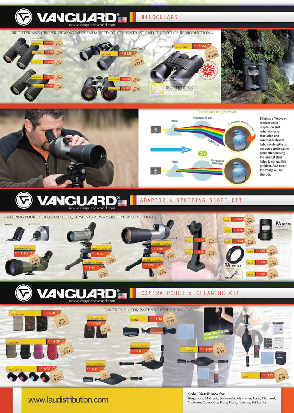 SITEX 2011 price list image brochure of Lau Intl Vanguard Binoculars, Adaptor, Spotting Scope Kit, Camera Pouch, Cleaning Kit