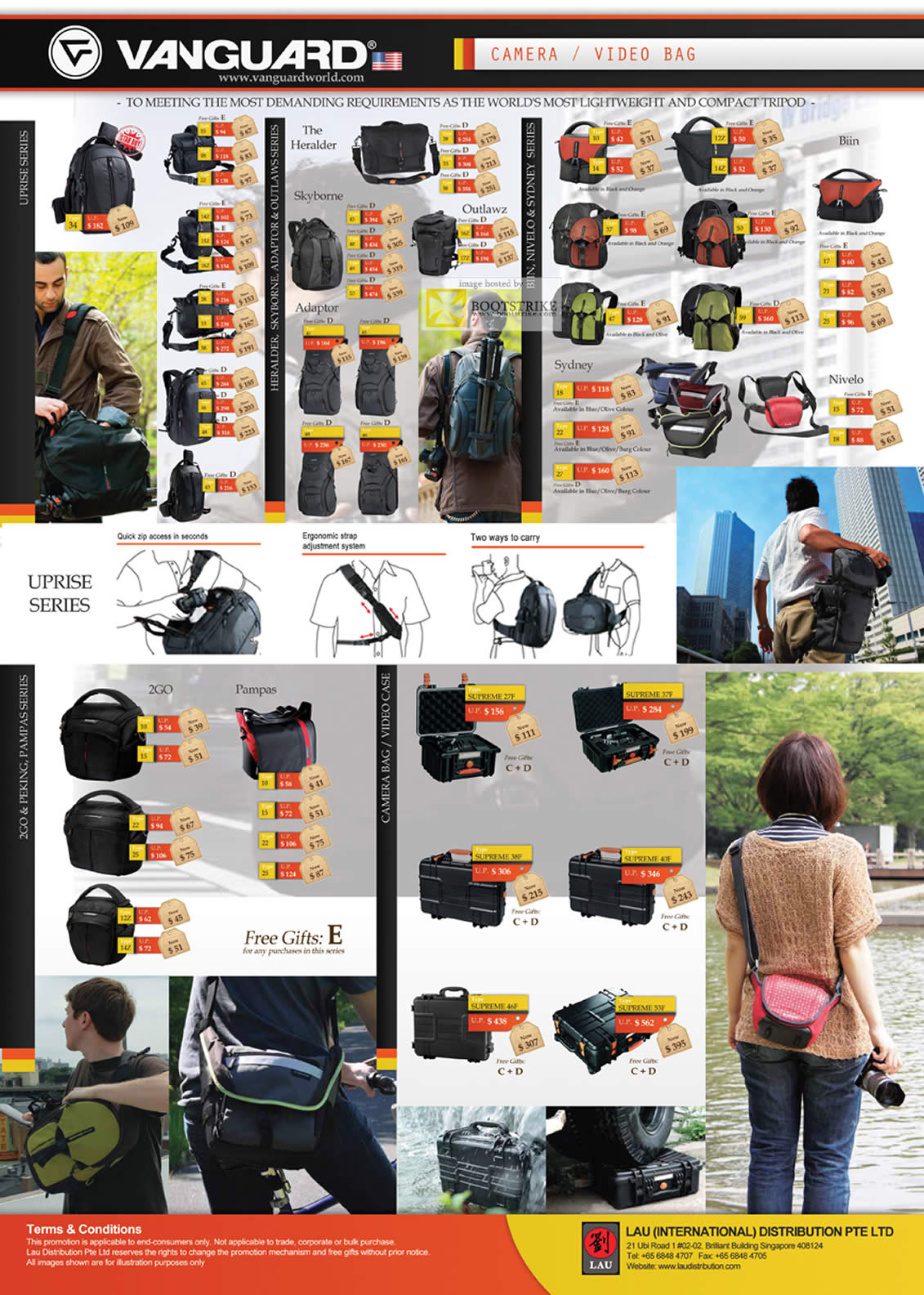 SITEX 2011 price list image brochure of Lau Intl Vanguard Camera Video Bags, Heralder, Skyborne, Adaptor, Sydney, 2GO, Pampas, Supreme