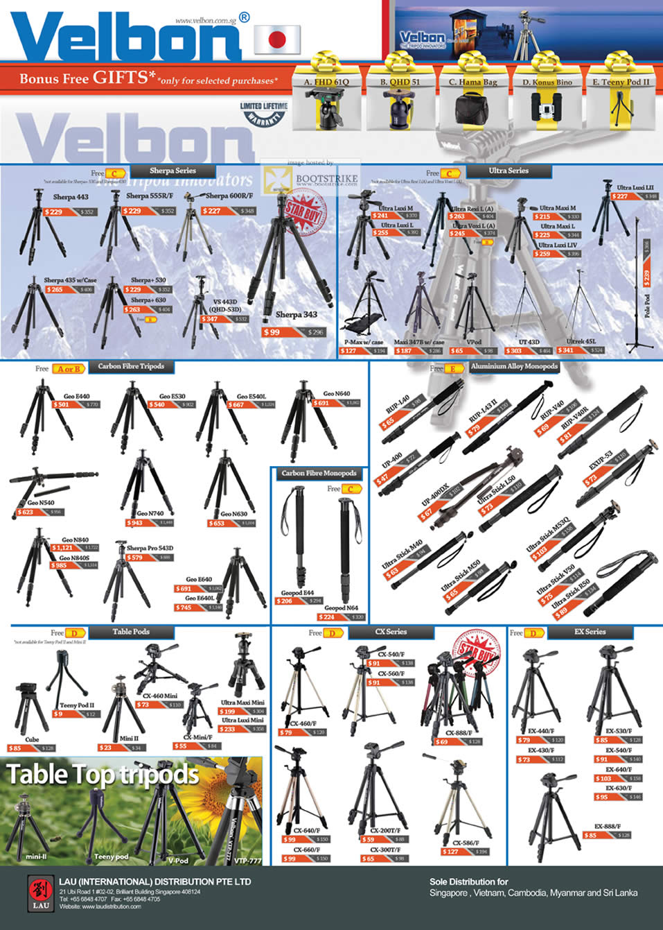 SITEX 2011 price list image brochure of Lau Intl Velbon Tripods, Sherpa, Ultra, Carbon Fibre, Aluminium Alloy Monopods, Carbon Fibre Monopods, Table Pods, CX, EX