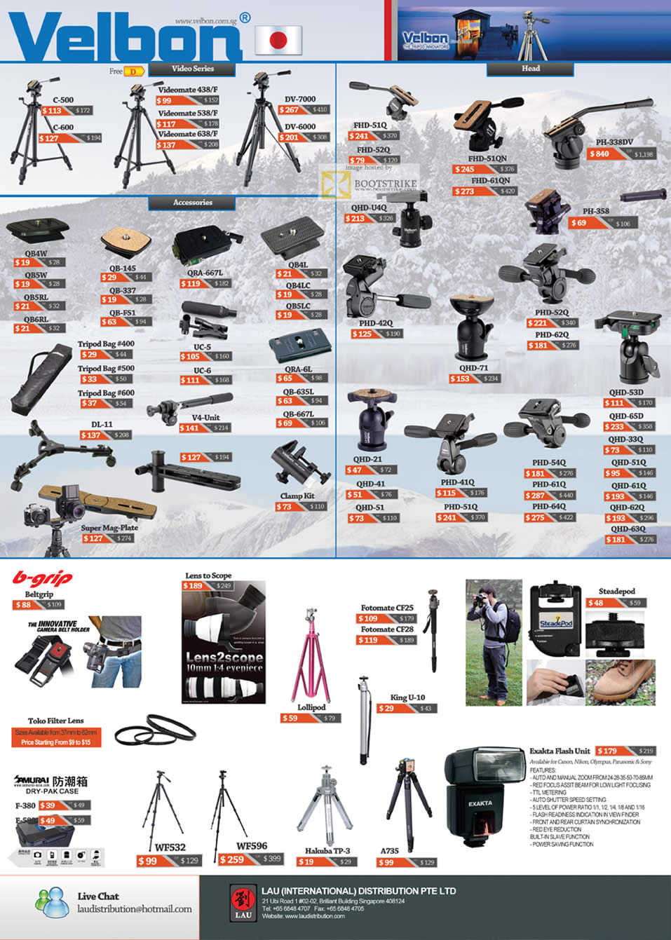 SITEX 2011 price list image brochure of Lau Intl Velbon Videomate Video Series, Head, Acessories, Tripod Bag, B-Grip, Fotomate, Steadepod, Exakta Flash Unit