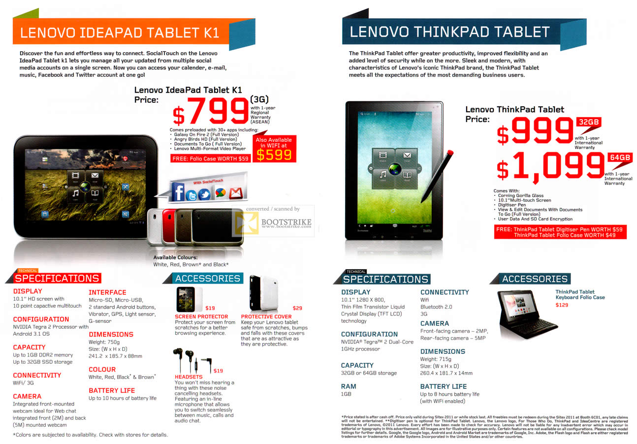 SITEX 2011 price list image brochure of Lenovo IdeaPad Tablet K1, ThinkPad Tablet, Specifications, Features, Accessories