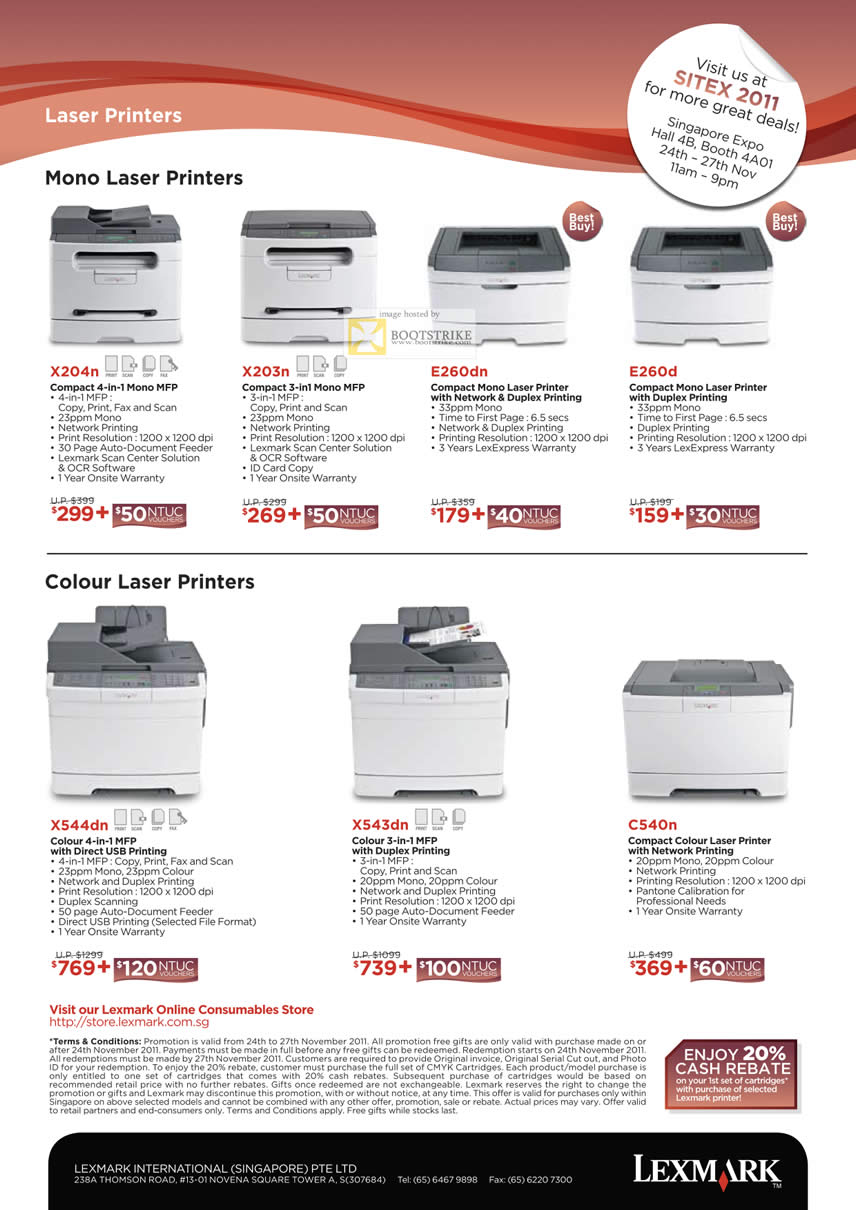 SITEX 2011 price list image brochure of Lexmark Multi Function Laser Printers X204n, X203n, E260dn, E260d, Colour Laser X544dn, X543dn, C540n