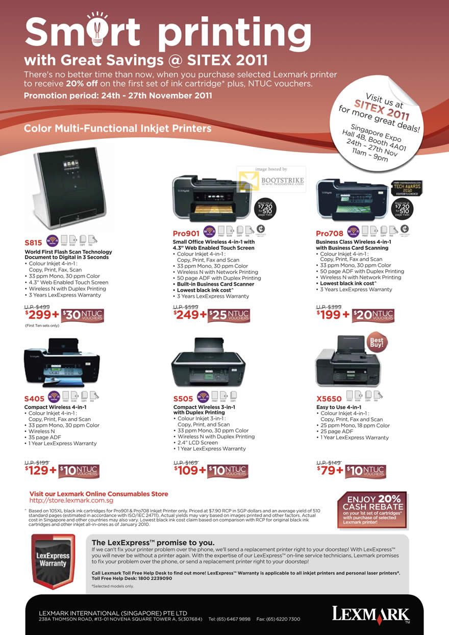 SITEX 2011 price list image brochure of Lexmark Multi Function Wireless Inkjet Printers, S815, Pro901, Pro708, S405, S505, S5650