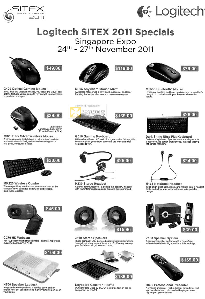 SITEX 2011 price list image brochure of Logitech G400, M905, M555b Bluetooth Mouse, M325, G510 Keyboard, Dark Shin Ultra Flat Keyboard, MK220, H230 Headset, H165, C270 Webcam, Z110 Speakers