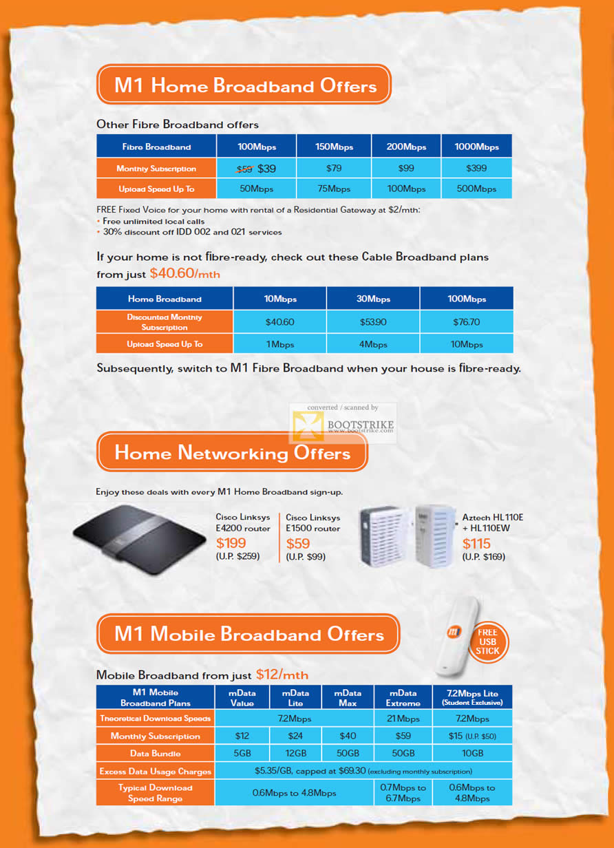 SITEX 2011 price list image brochure of M1 Broadband Offers, Fibre 100Mbps 1000Mbps, Cable 10Mbps 100Mbps, Cisco Linksys E4200 Router, E1500, Aztech HL110E, HL110EW, MData Mobile Broadband