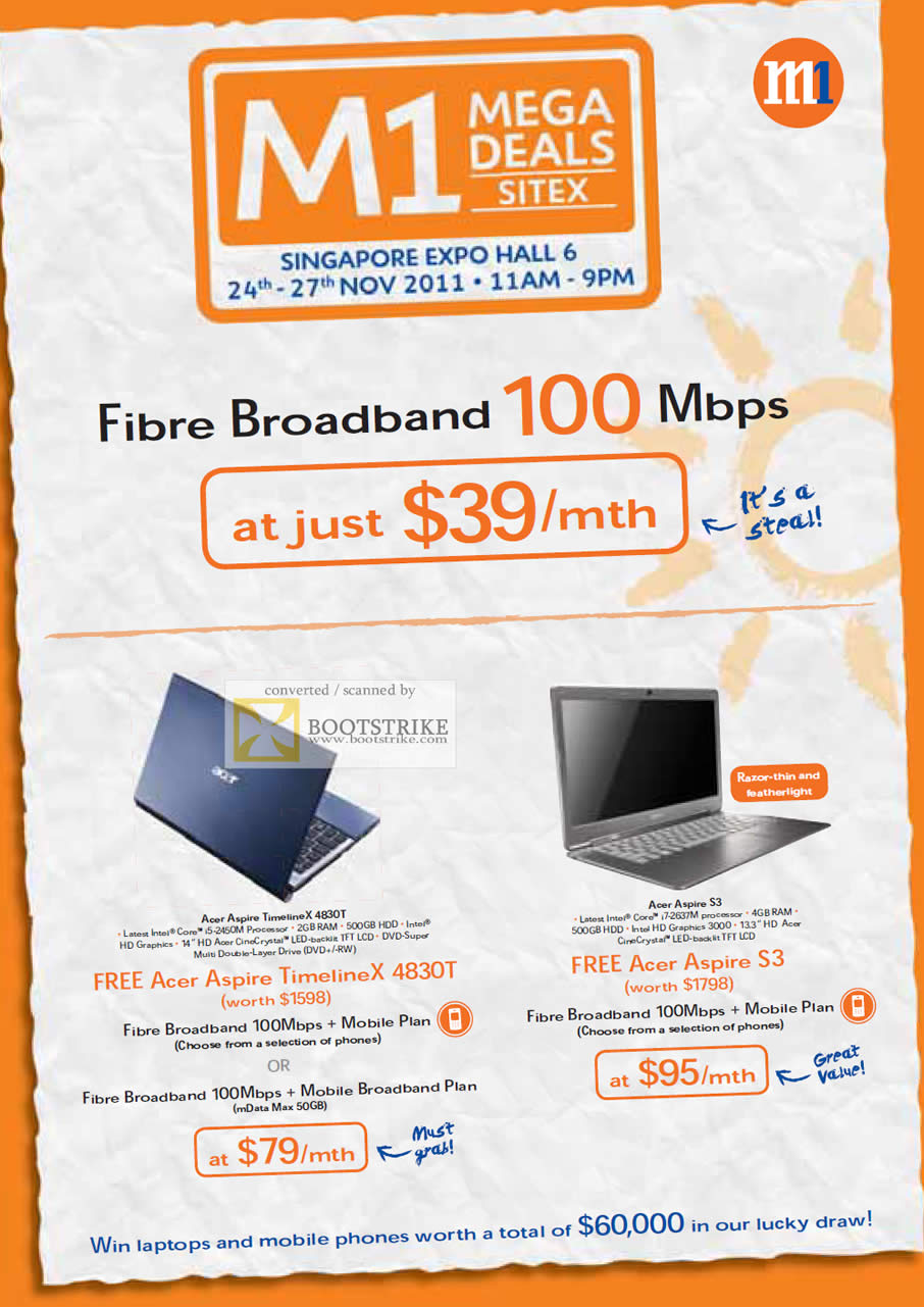 SITEX 2011 price list image brochure of M1 Fibre Broadband 100Mbps, Acer Aspire TimelineX 4830T Notebook, Acer Aspire S3 Notebook