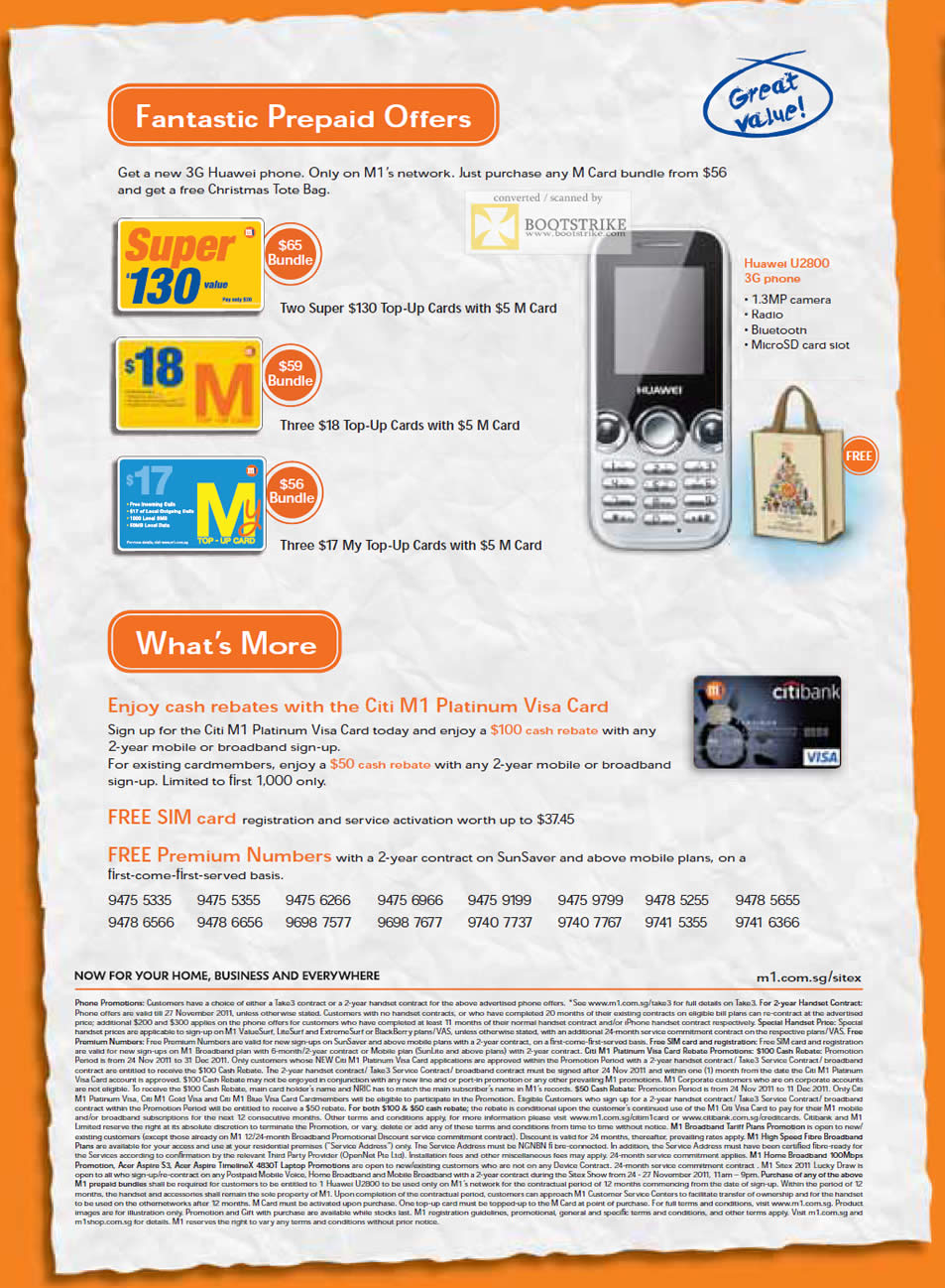 SITEX 2011 price list image brochure of M1 M Card Prepaid, Super 130, Huawei U2800 3G Phone, Citi M1 Platinum Visa Card