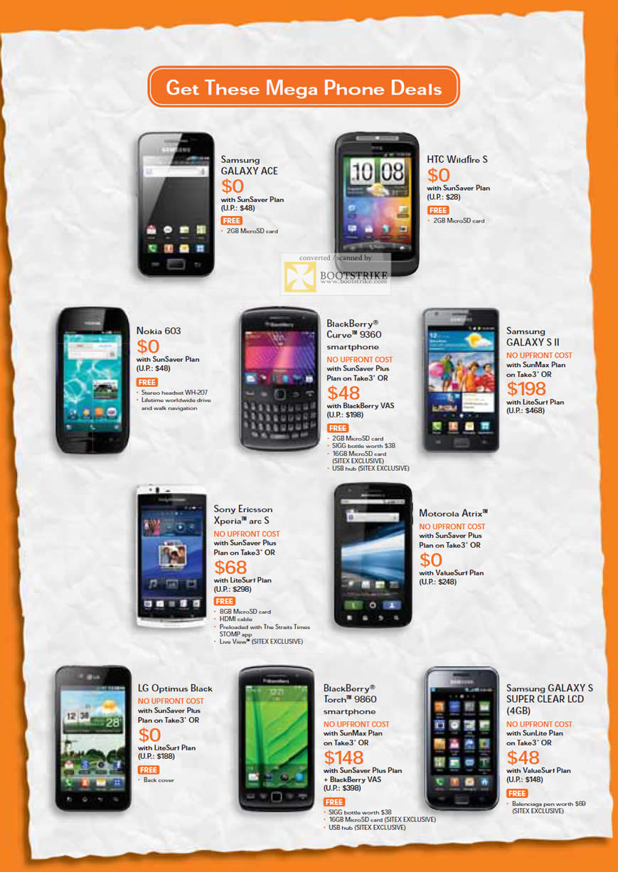 SITEX 2011 price list image brochure of M1 Samsung Galaxy Ace, HTC Wildfire S, Nokia 603, Blackberry Curve 9360, Samsung Galaxy S II, Sony Ericsson Xperia Arc S, Motorola Atrix, LG Optimus Black