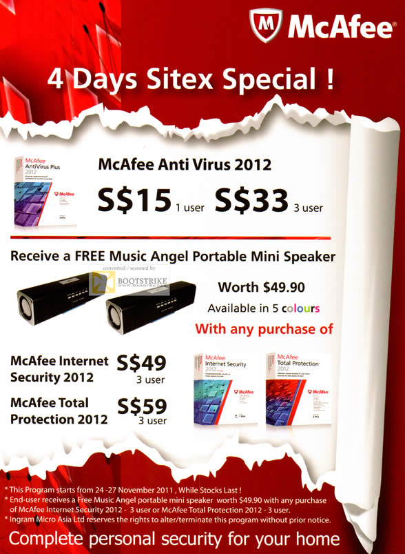 SITEX 2011 price list image brochure of McAfee Anti Virus 2012, Mcafee Internet Security 2012, Mcafee Total Protection 2012