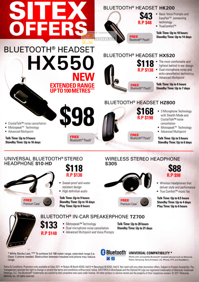 SITEX 2011 price list image brochure of Motorola Bluetooth Headsets HK200, HX520, HZ800, HX550, Headphone S10-HD, Wireless S305, In-Car Speakerphone TZ700