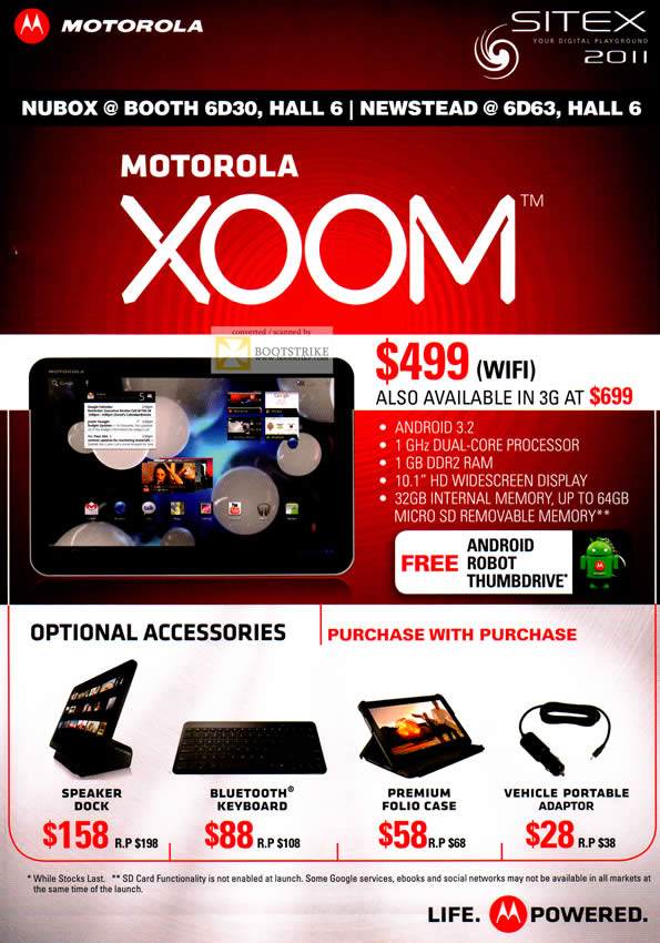 SITEX 2011 price list image brochure of Motorola Xoom Wifi, Accessories, Speaker Dock, Bluetooth Keyboard, Folio Case, Vehicle Portable Adapter