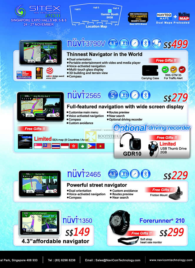 SITEX 2011 price list image brochure of Navicom Garmin GPS Nuvi 3790V, Nuvi 2565, Nuvi 2465, Nuvi 1350, Forerunner 210