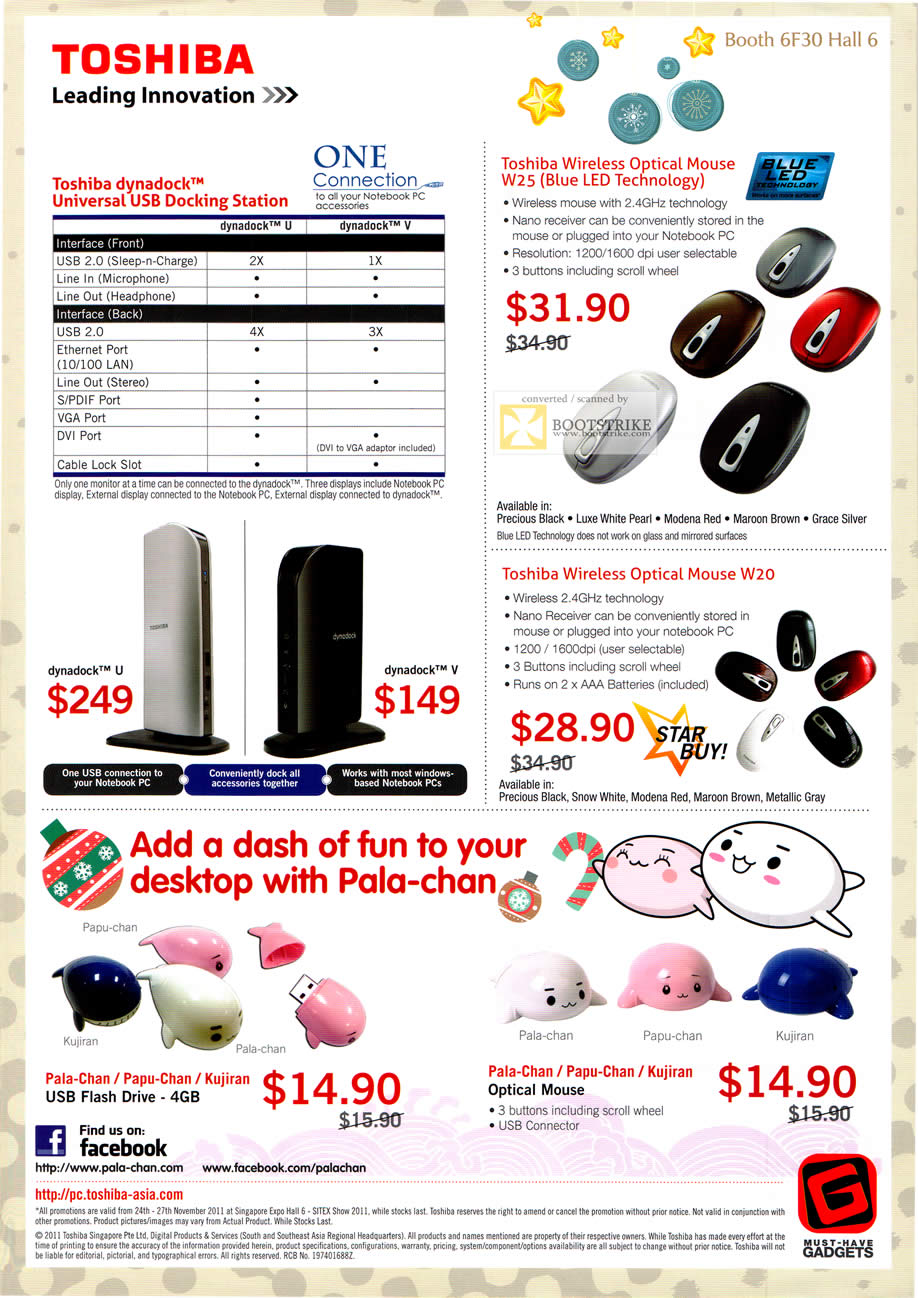 SITEX 2011 price list image brochure of Newstead Toshiba Dynadock Universal USB Docking Station, Wireless Optical Mouse W25, W20, Pala-Chan, Papu-Chan, Kujiran USB Flash Drive