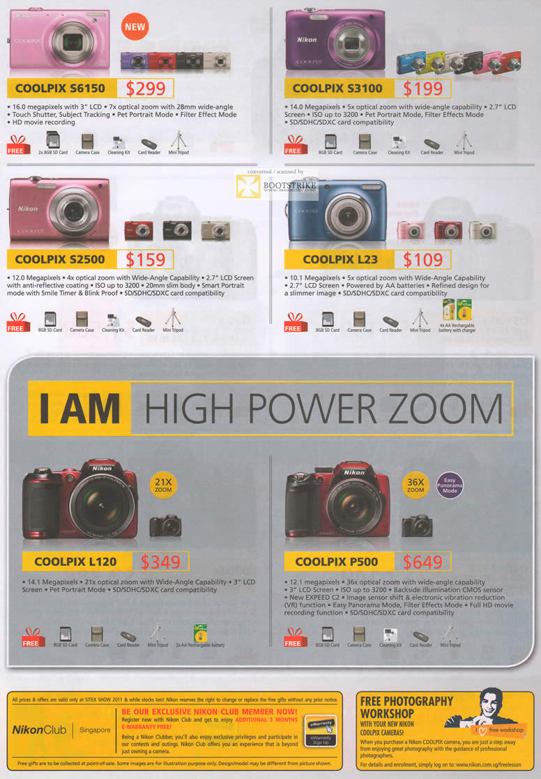 SITEX 2011 price list image brochure of Nikon Digital Cameras Coolpix S6150, S3100, S2500, L23, L120, P500