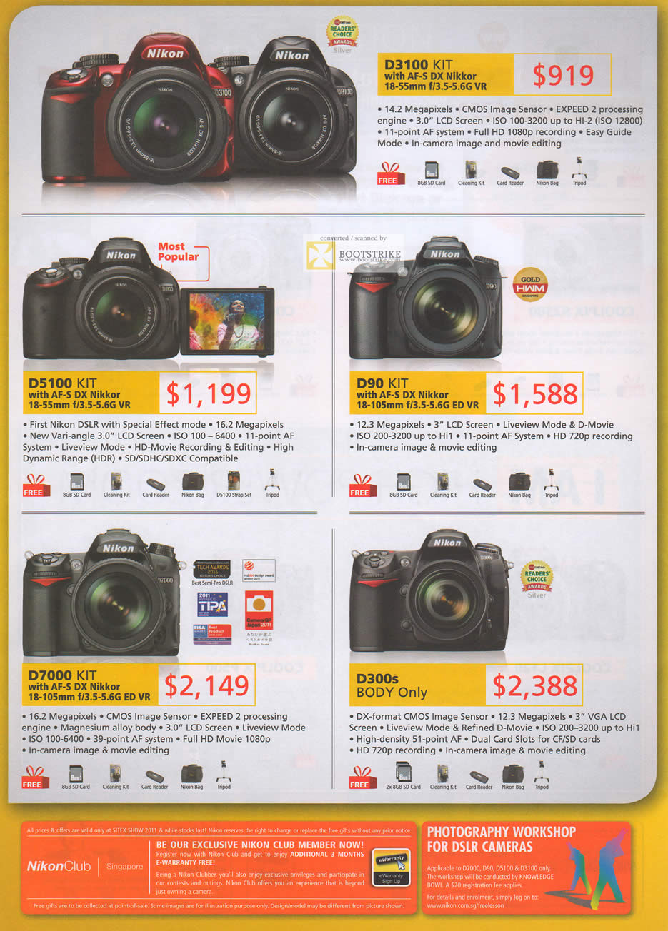 SITEX 2011 price list image brochure of Nikon Digital Cameras DSLR D3100 KIT, D5100 KIT, D90 KIT, D7000 KIT, D300s Body