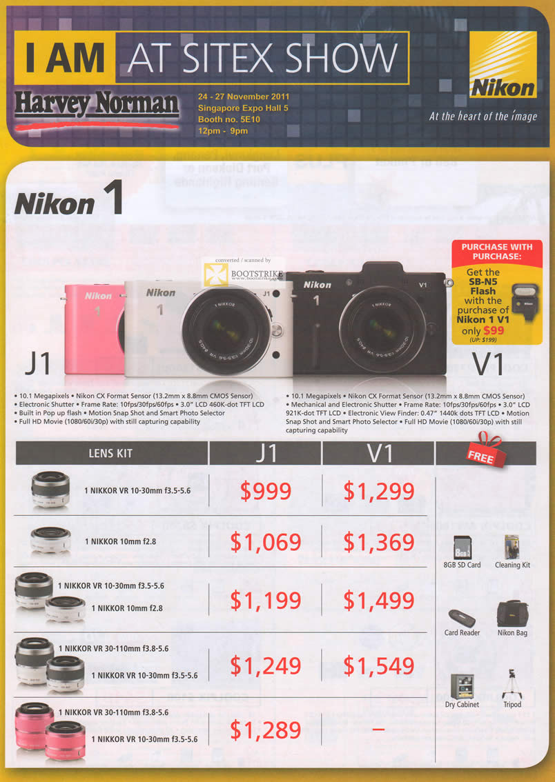 SITEX 2011 price list image brochure of Nikon Digital Cameras J1, V1, Lens Kit, Nikkor VR
