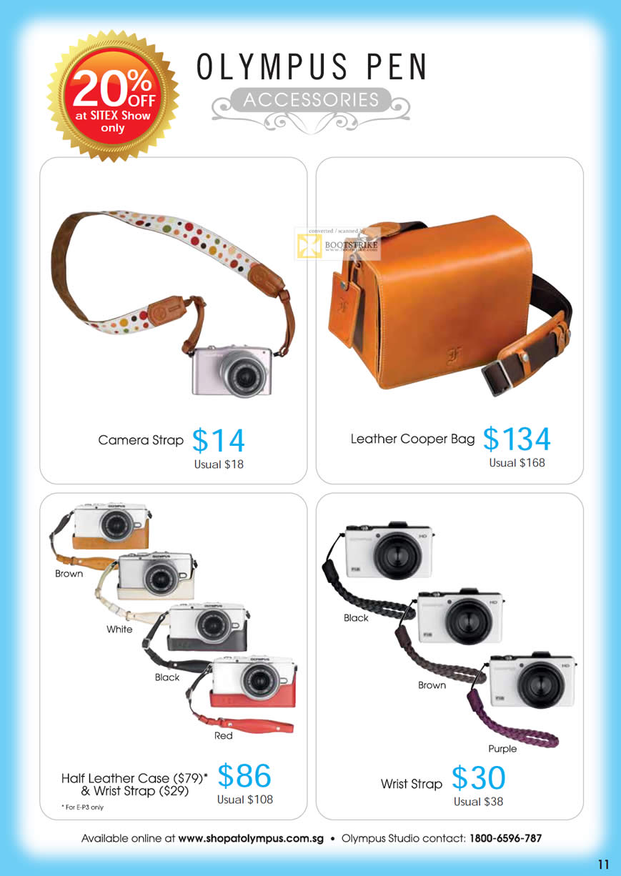 SITEX 2011 price list image brochure of Olympus Digital Cameras Pen Accessories, Strap, Leather Cooper Bag, Wrist Strap, Case