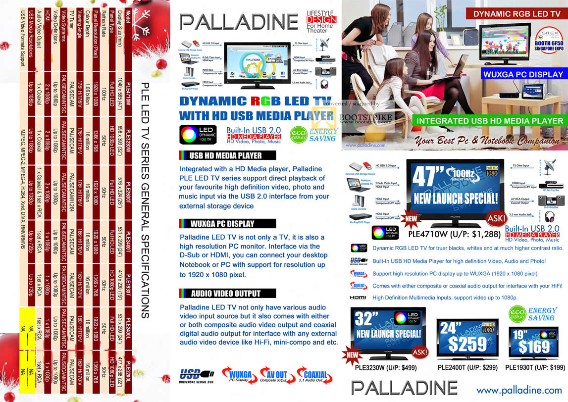 SITEX 2011 price list image brochure of Palladine PLE4710W LED TV Media Player Monitor, PLE3230W, PLE2400T, PLE1930T, Specifications, Features