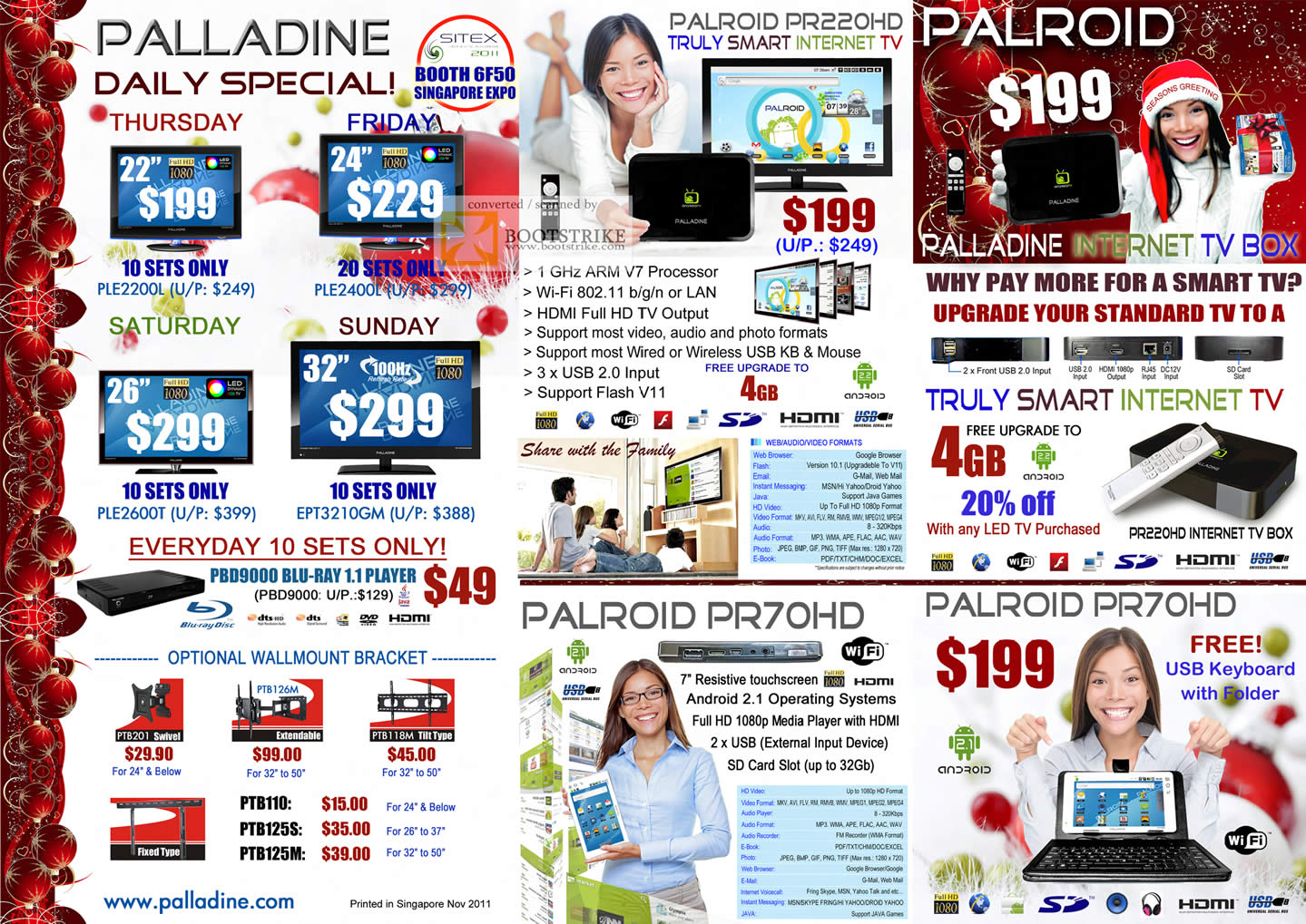 SITEX 2011 price list image brochure of Palladine Palroid PR220HD Internet TV, Palroid PR70HD Android, Palroid PR70HD, PLE2200L, PLE2400L, PLE2600T, EPT3210GM, Wall Mount Bracket, PBD9000 Blu-Ray Player
