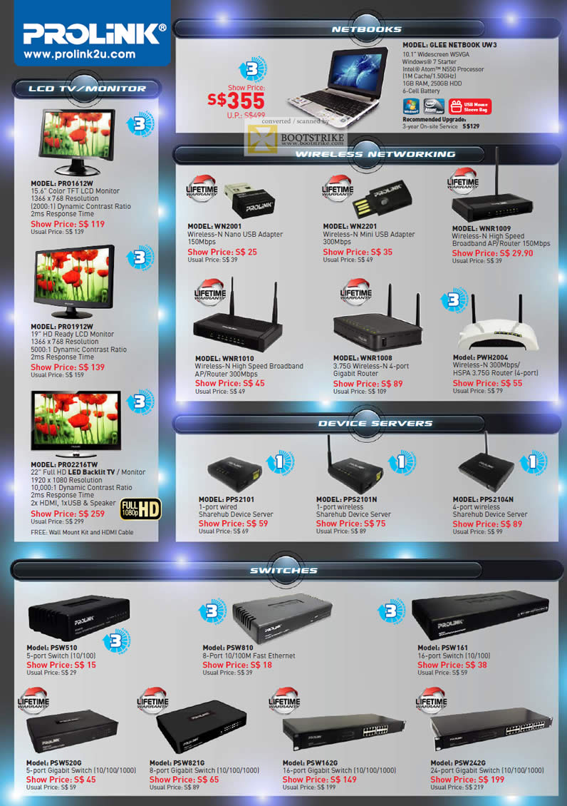 SITEX 2011 price list image brochure of Prolink Glee Netbook UW3, LCD TV Monitor PR01612W, PRO1912W, PRO2216TW, Router, USB Adapter Nano, 3G, Switches, Gigabit