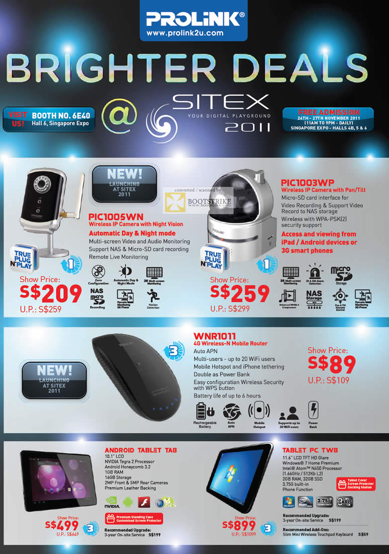SITEX 2011 price list image brochure of Prolink PIC1005WN Wireless IPCam, PIC1003WP, WNR1011 4G Wireless Router, Android Tablet Tab, TW8