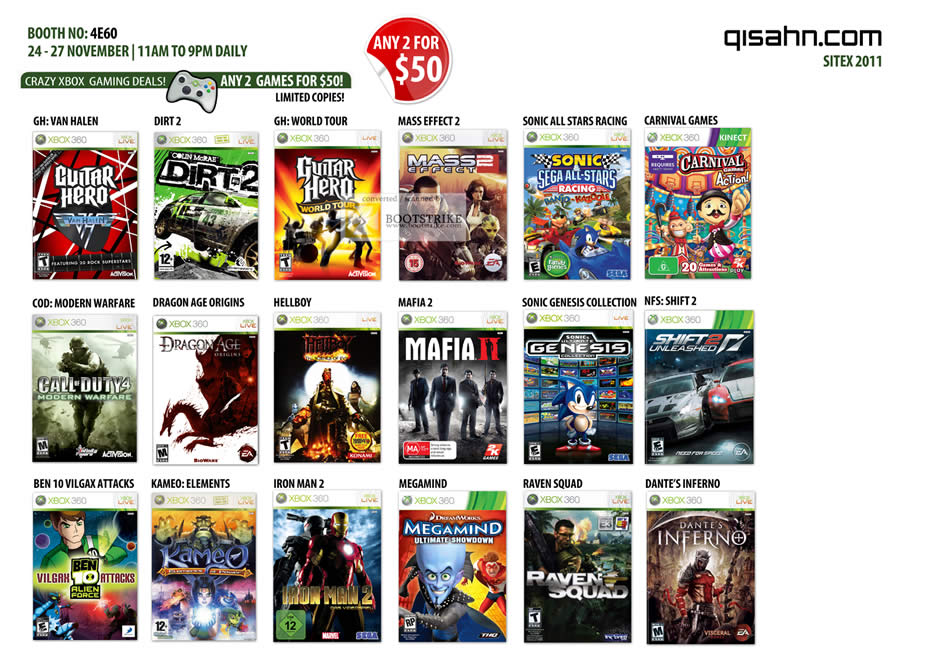SITEX 2011 price list image brochure of Qisahn Microsoft Xbox 360 Games, Dirt 2, Mass Effect 2, Mafia 2, Iron Man 2, Megamind, Need For Speed Shift 2, Call Of Duty