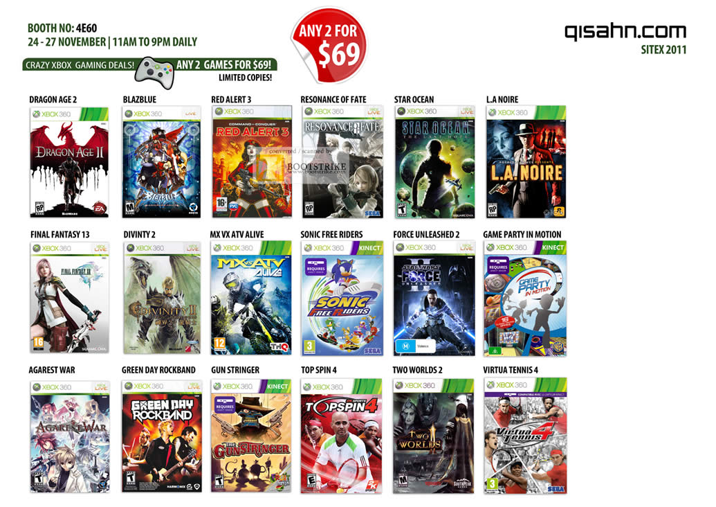 SITEX 2011 price list image brochure of Qisahn Microsoft Xbox 360 Games, Red Alert 3, Final Fantasy 13, Sonic, Top Spin 4, Two Worlds 2