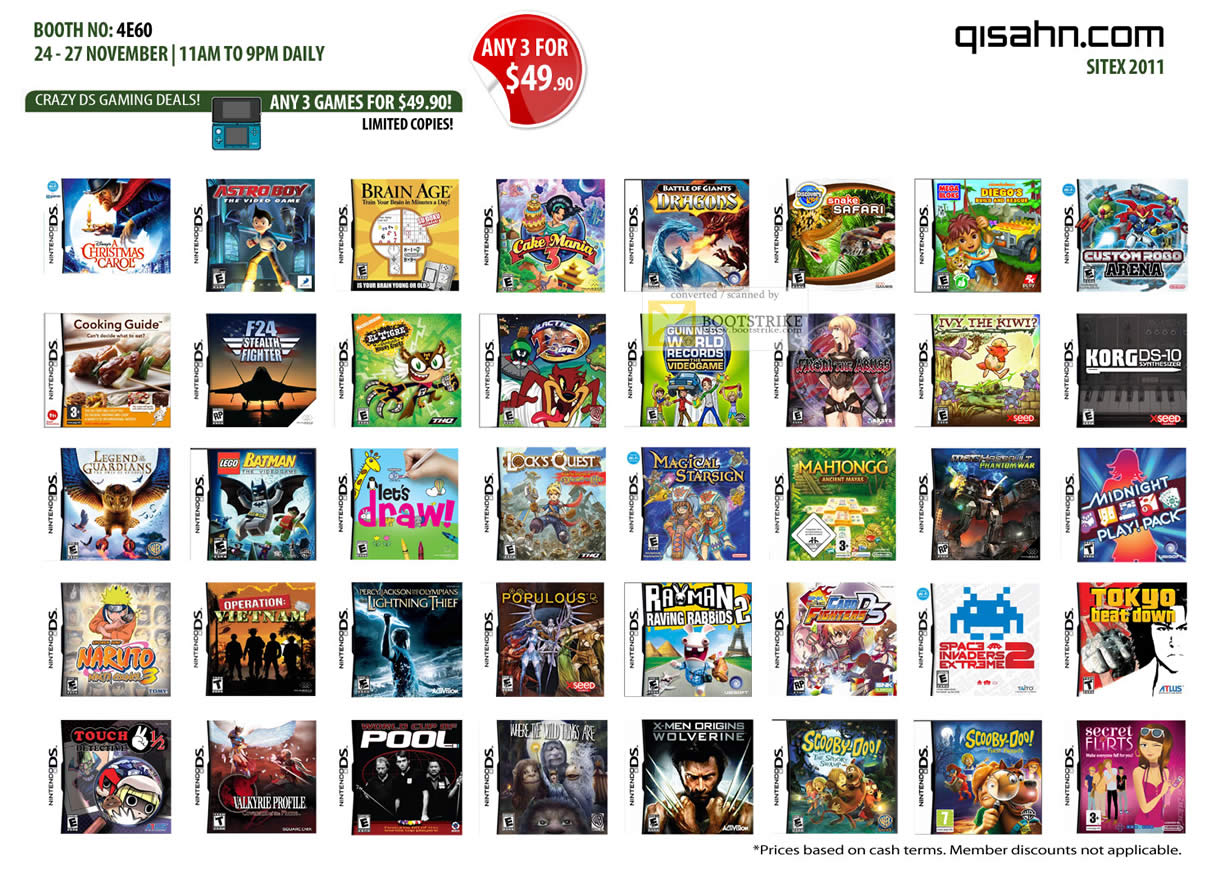 SITEX 2011 price list image brochure of Qisahn Nintendo DS Games Rayman, Korg, Tokyo, Populous, Scooby Doo, Pool