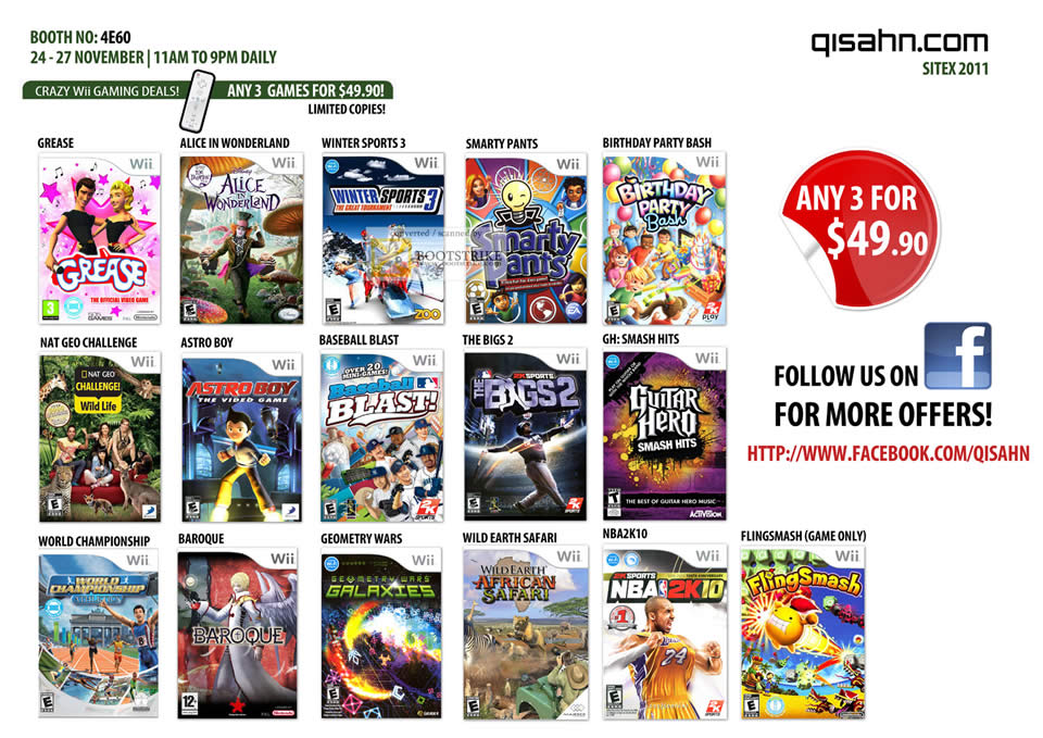 SITEX 2011 price list image brochure of Qisahn Nintendo Wii Games Grease, Alice In Wonderland, Winter Sports 3, Astro Boy, NBA