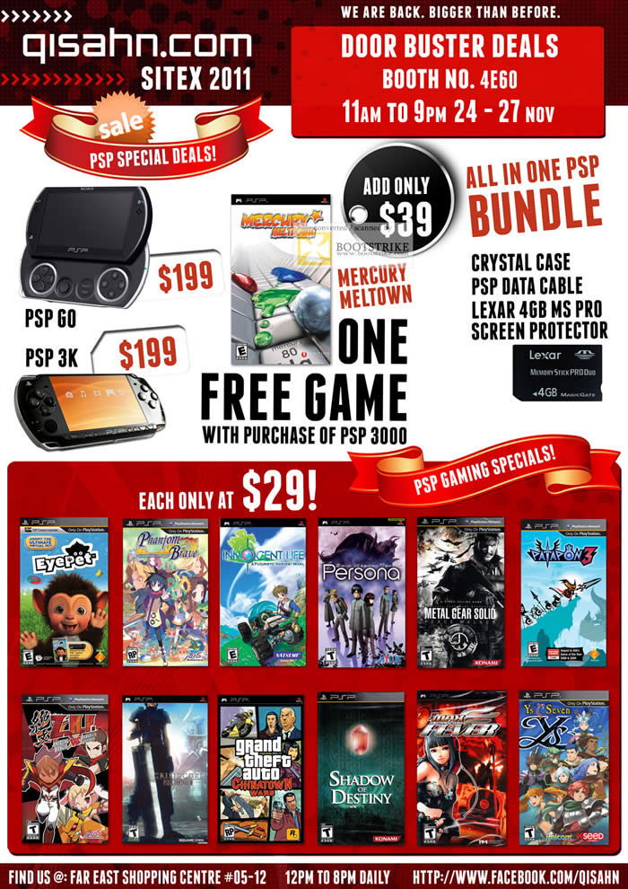 SITEX 2011 price list image brochure of Qisahn Sony Playstation Portable PSP GO, PSP 3K, Games, Eyepet, Grand Theft Auto, Persona, Shadow Of Destiny, Metal Gear Solid