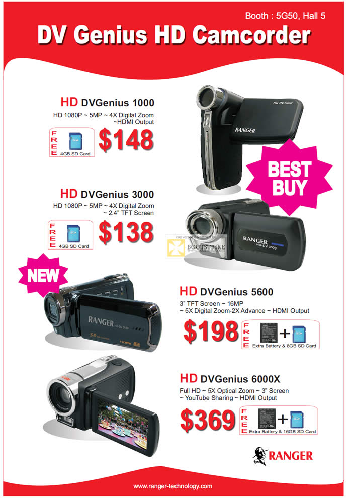 SITEX 2011 price list image brochure of Ranger Video Camcorder DV Genius HD DVGenius 1000, 3000, 5600, 6000X
